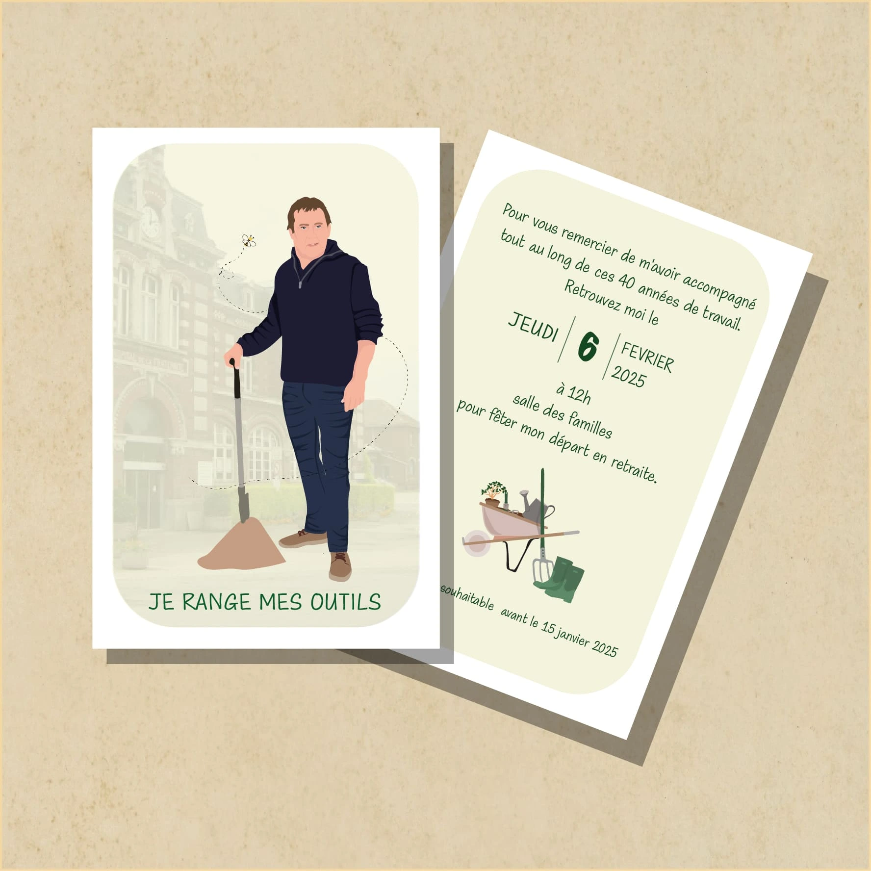invitation Illustrations représentant un homme avec sa pelle de jardinage pour une invitation à une retraite